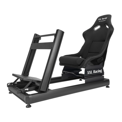 Schuin vooraanzicht van de XXL Racing Monzano cockpit met verstelbare stuurplaat en bucketseat