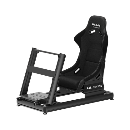 Schuin vooraanzicht van de XXL Racing Monzano cockpit met verstelbare stuurplaat en bucketseat