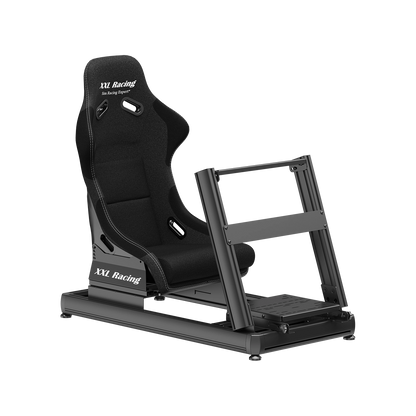 Schuin vooraanzicht van de XXL Racing Monzano cockpit met verstelbare stuurmodule en pedalenplaat