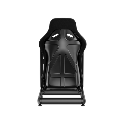 Achteraanzicht van de XXL Racing Monzano sim racing cockpit met zwarte fiberglas bucketseat