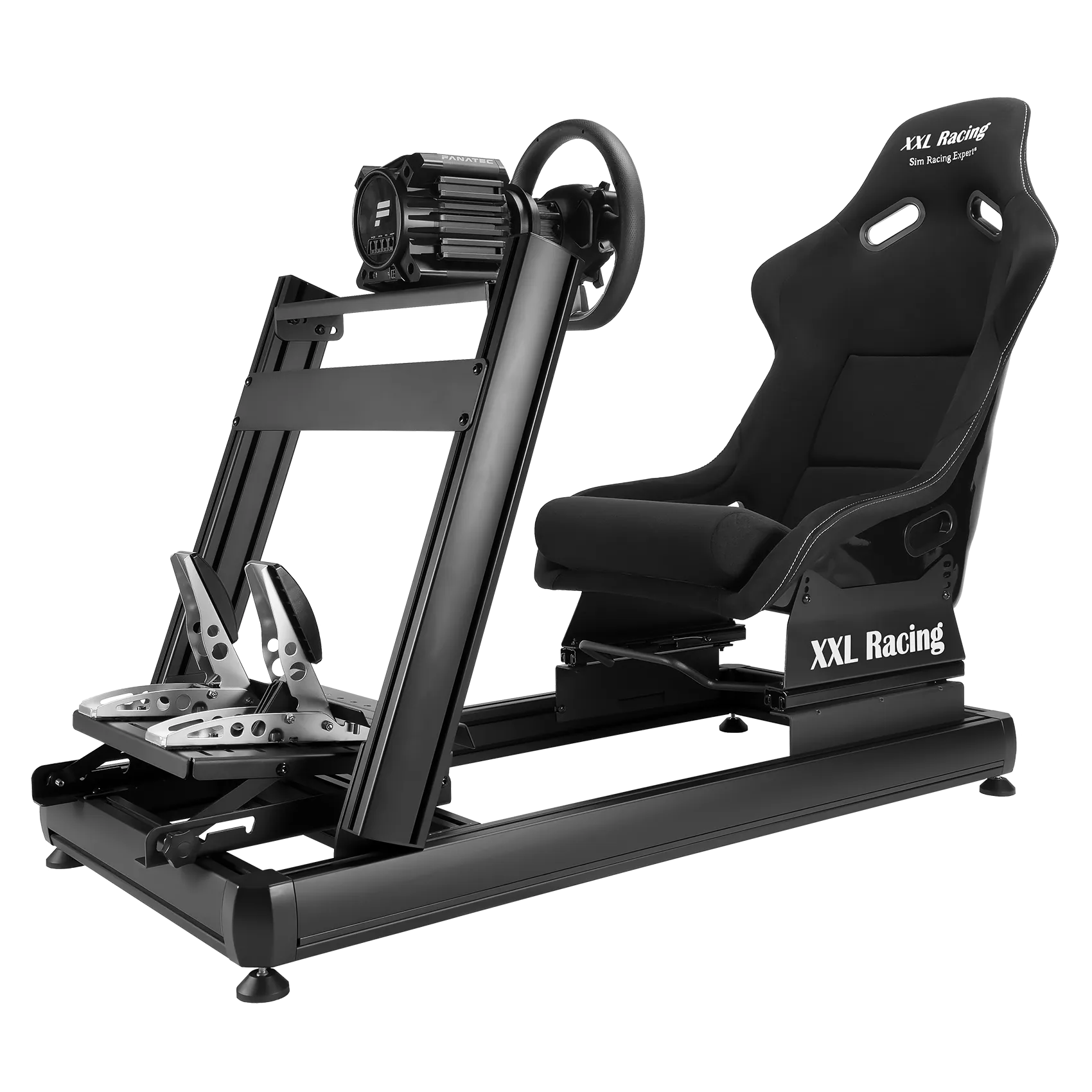 Schuin vooraanzicht van de XXL Racing Monzano cockpit met fanatec dd pro 8nm