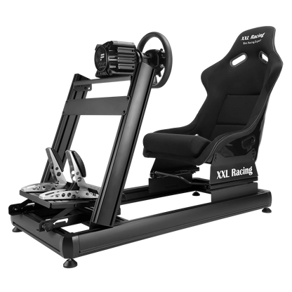Schuin vooraanzicht van de XXL Racing Monzano cockpit met fanatec dd pro 8nm