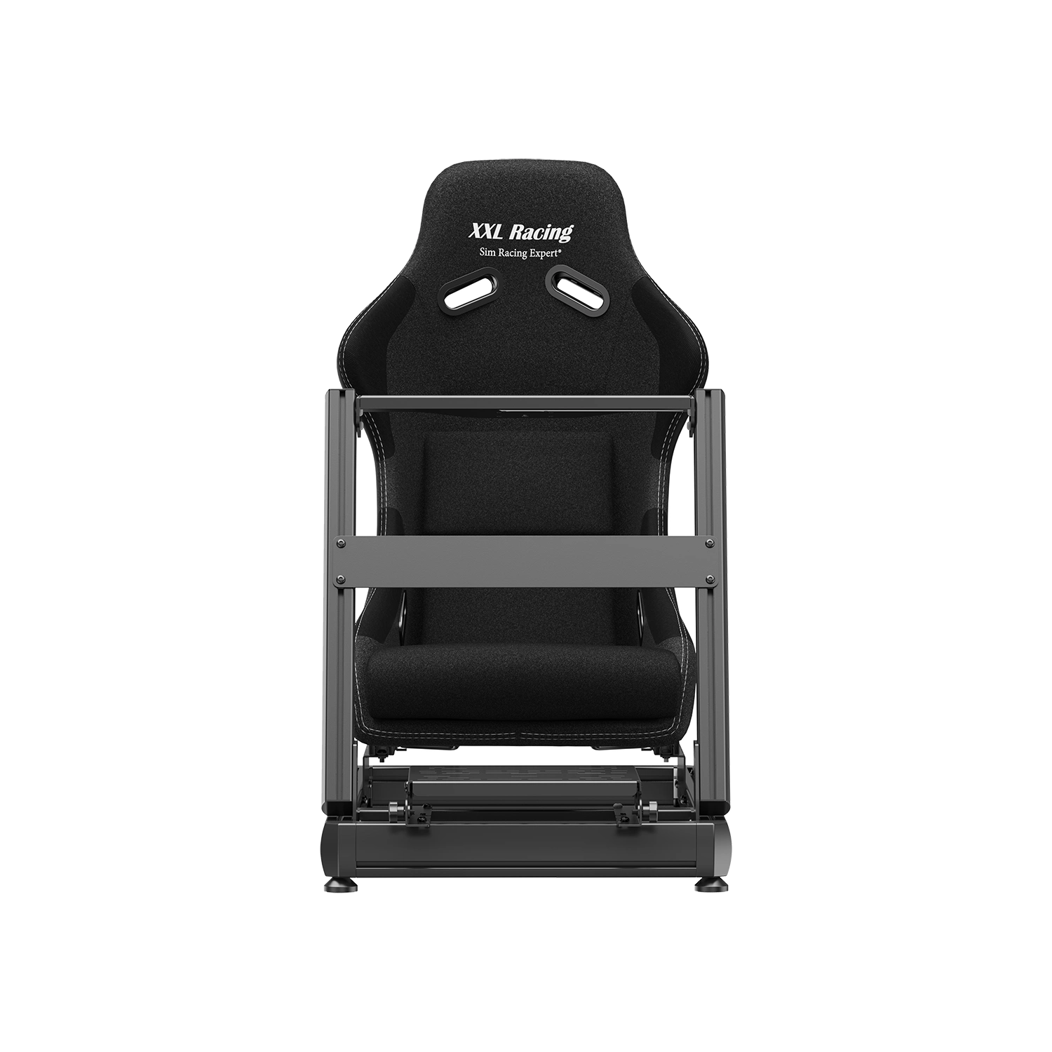 Vooraanzicht van de XXL Racing Monzano sim racing cockpit met zwarte racingstoel