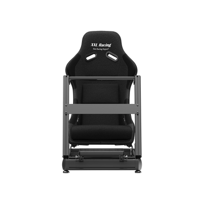 Vooraanzicht van de XXL Racing Monzano sim racing cockpit met zwarte racingstoel