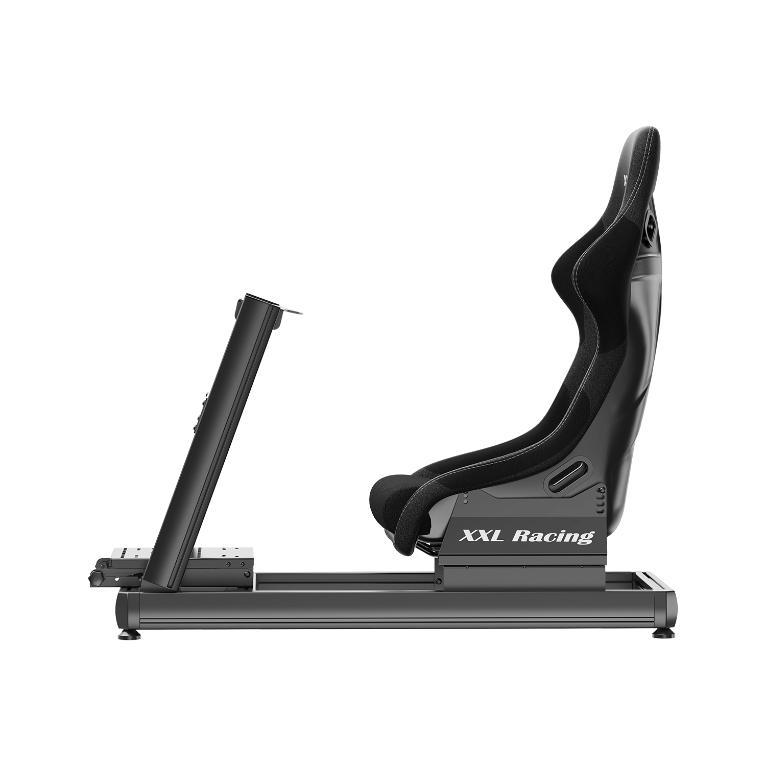 Zijaanzicht van de XXL Racing Monzano sim racing cockpit met 4080 aluminium frame en bucketseat
